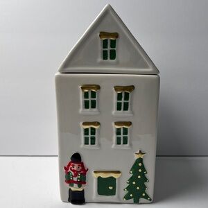 Holiday Style Charming White Ceramic Holiday House Cookie Jar with Nutcracker